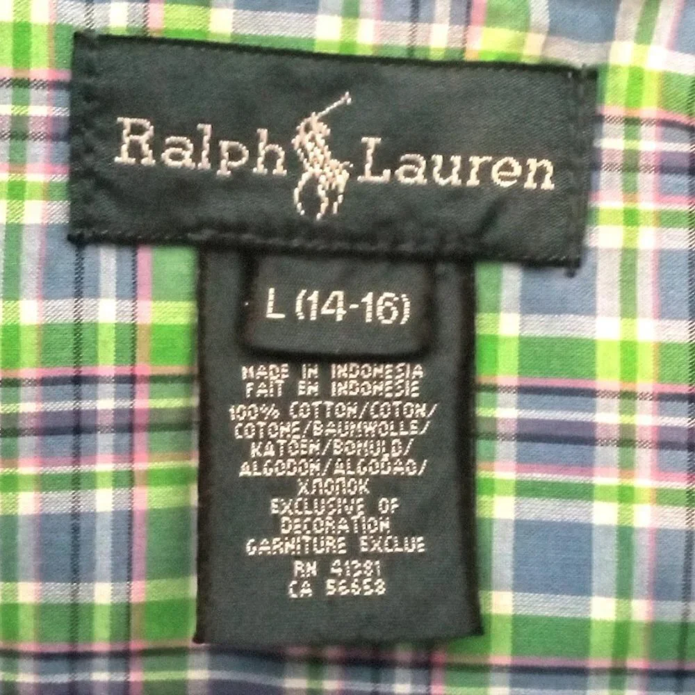 Ralph Lauren Blue Green Plaid Cotton Long Sleeve Shirt